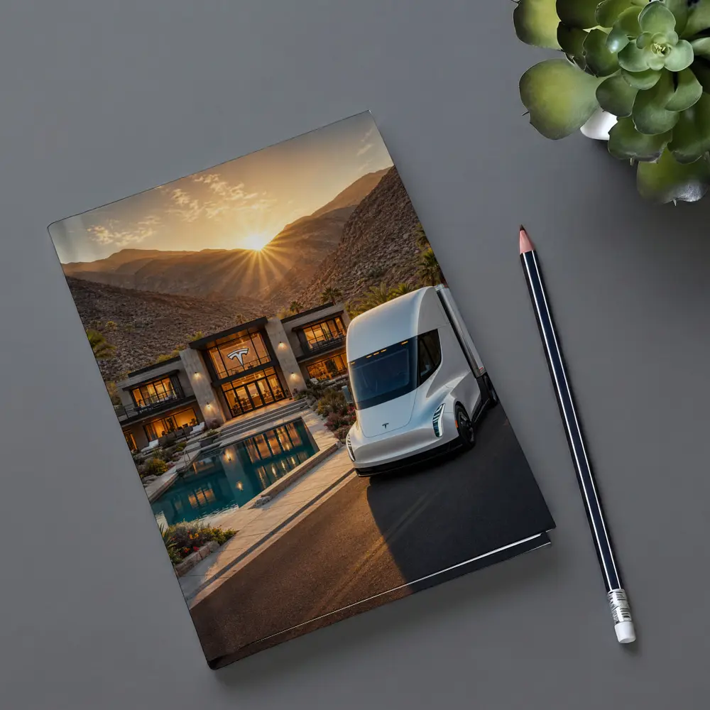 Tesla Semi Truck Desert Mansion Sunset – Notebooks