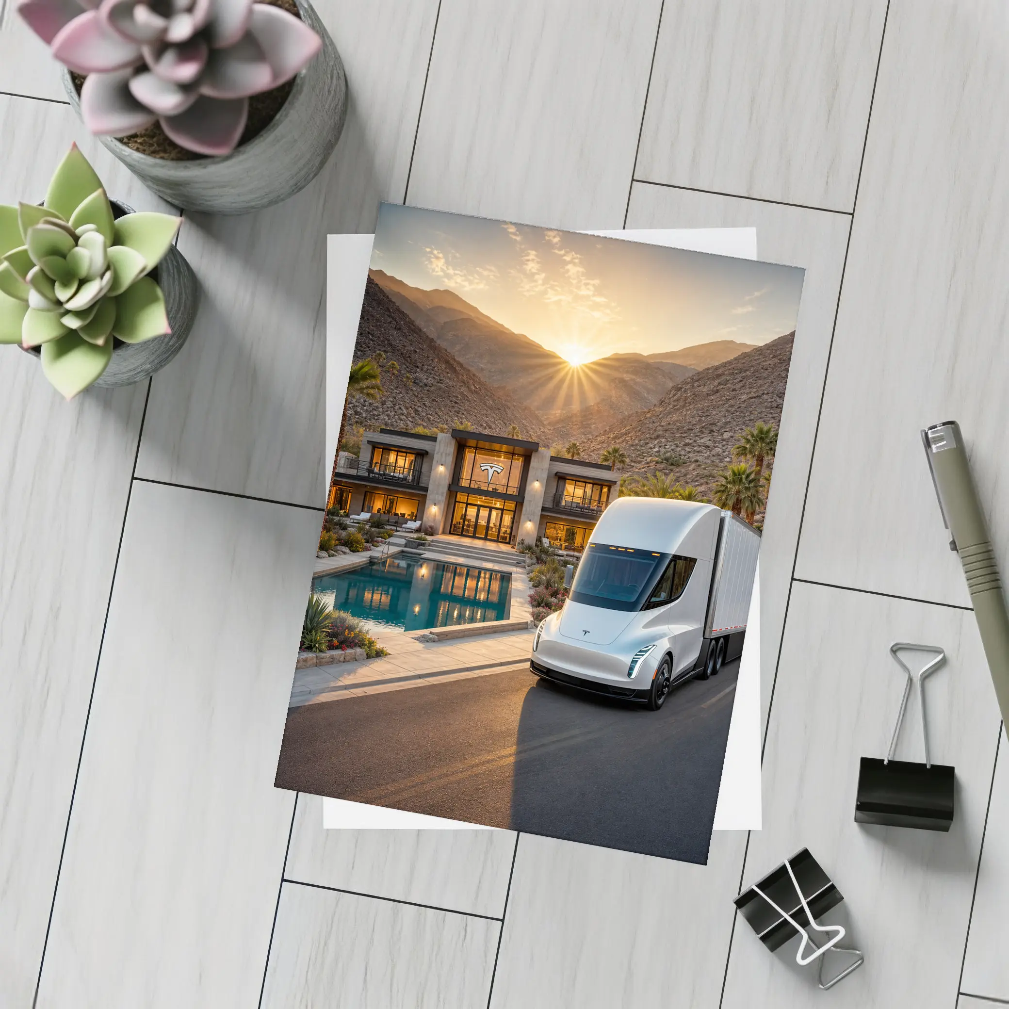 Tesla Semi Truck Desert Mansion Sunset – Postcards