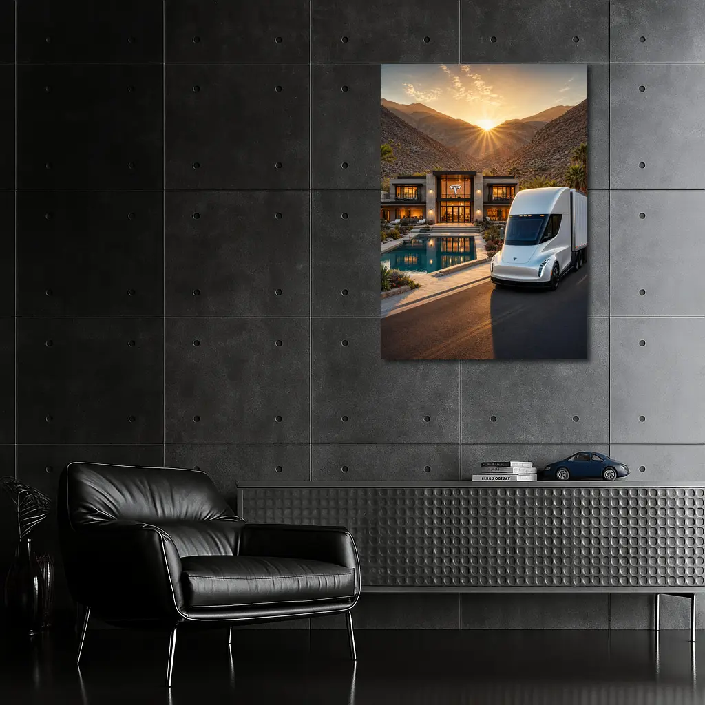 Tesla Semi Truck Desert Mansion Sunset – Wall Art