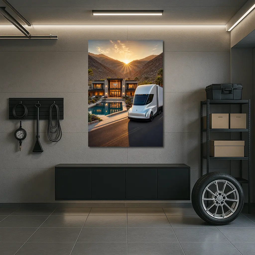 Tesla Semi Truck Desert Mansion Sunset – Wall Art