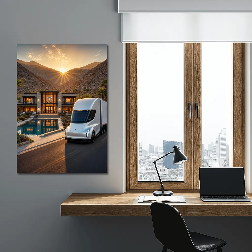 Tesla Semi Truck Desert Mansion Sunset – Wall Art