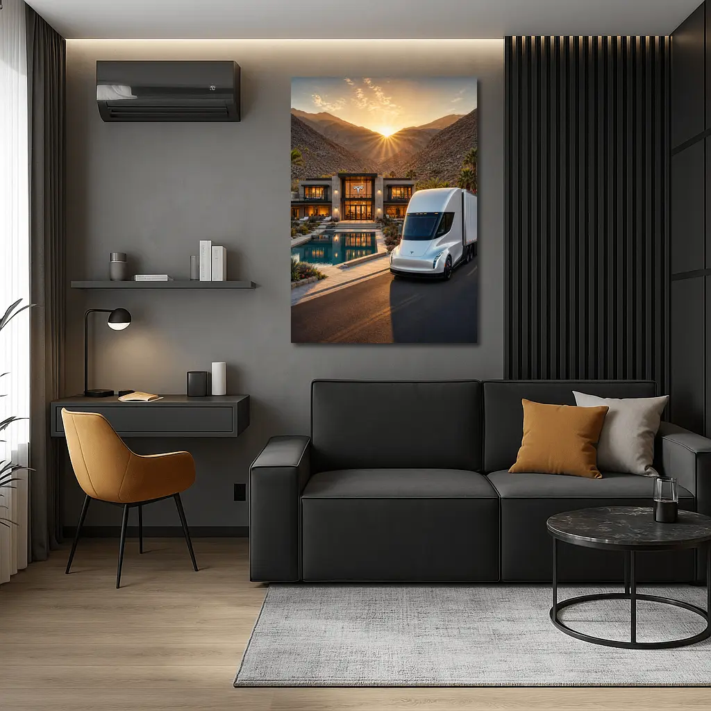 Tesla Semi Truck Desert Mansion Sunset – Wall Art