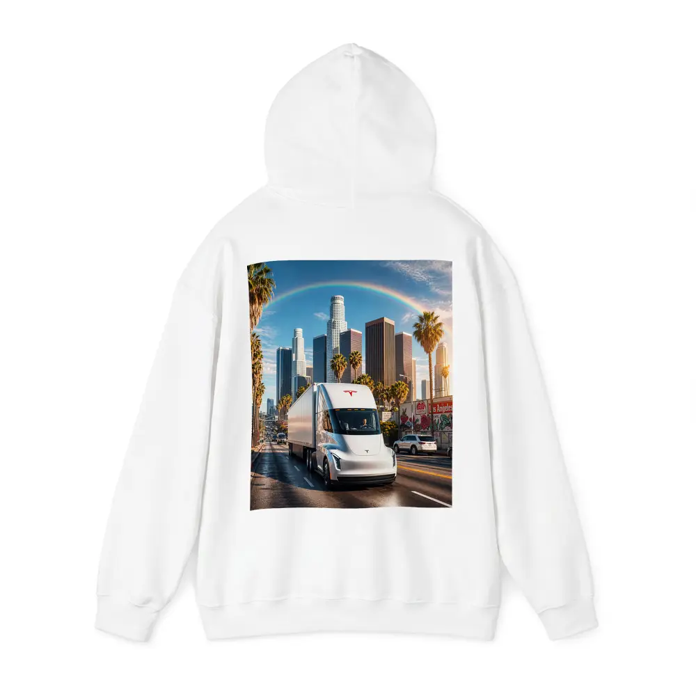 Tesla Semi Truck Los Angeles Skyline Rainbow – Hoodies