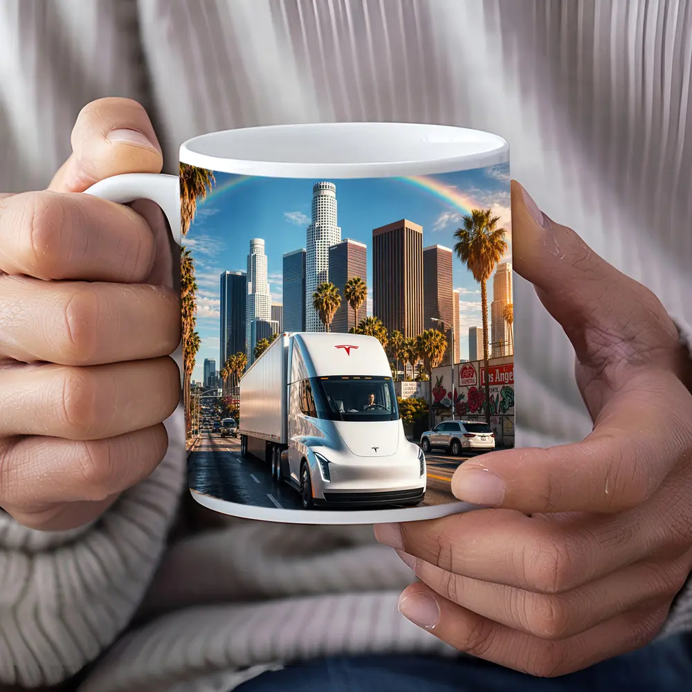 Tesla Semi Truck Los Angeles Skyline Rainbow – Mugs