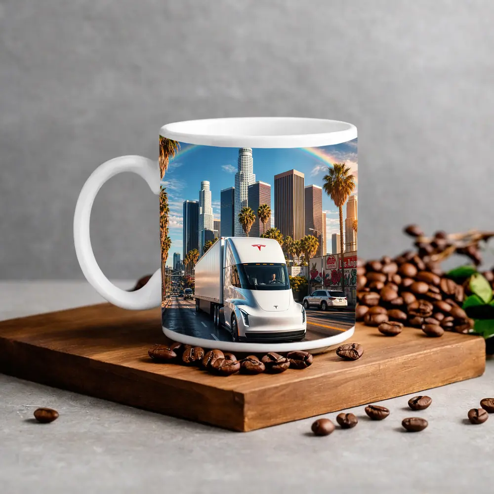 Tesla Semi Truck Los Angeles Skyline Rainbow – Mugs