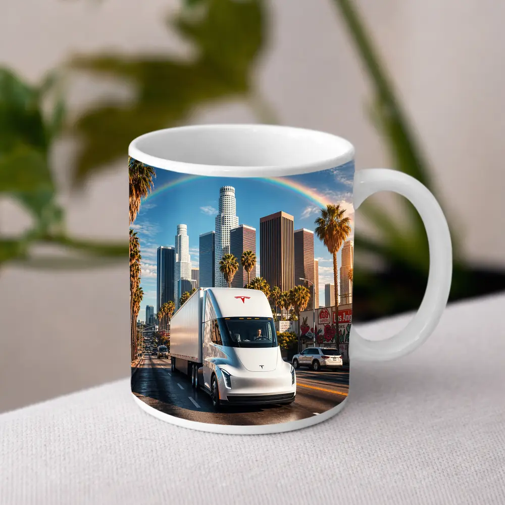 Tesla Semi Truck Los Angeles Skyline Rainbow – Mugs