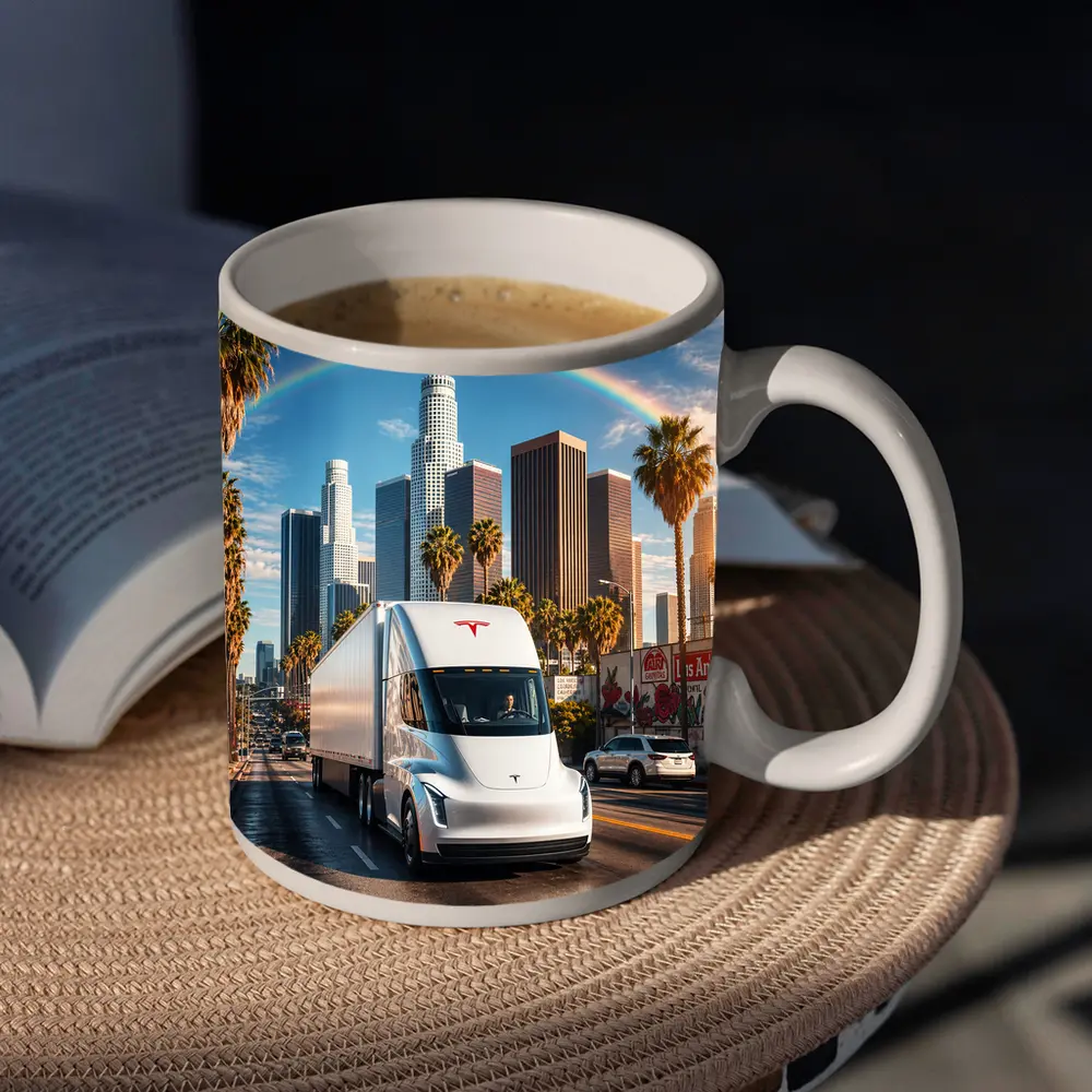 Tesla Semi Truck Los Angeles Skyline Rainbow – Mugs