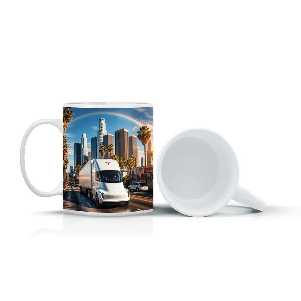Tesla Semi Truck Los Angeles Skyline Rainbow – Mugs