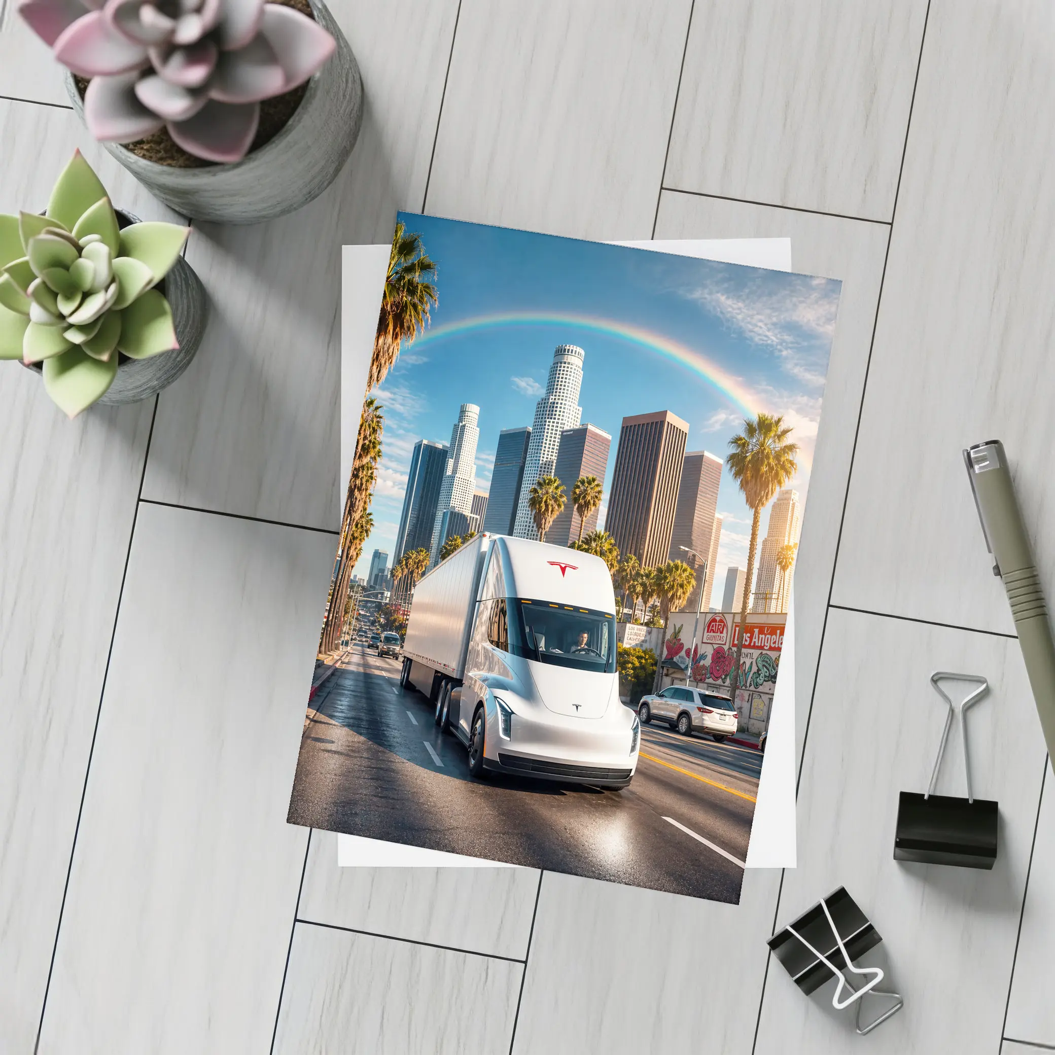 Tesla Semi Truck Los Angeles Skyline Rainbow – Postcards