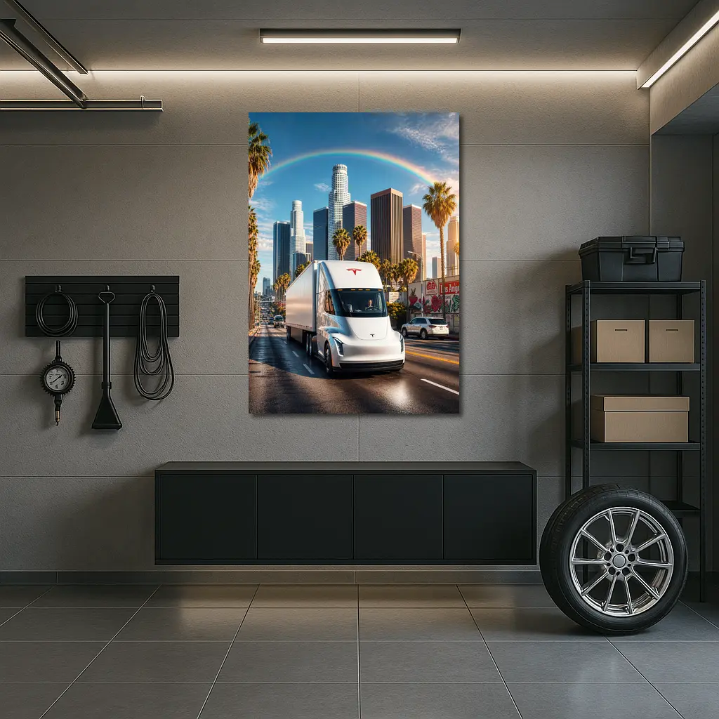 Tesla Semi Truck Los Angeles Skyline Rainbow – Wall Art