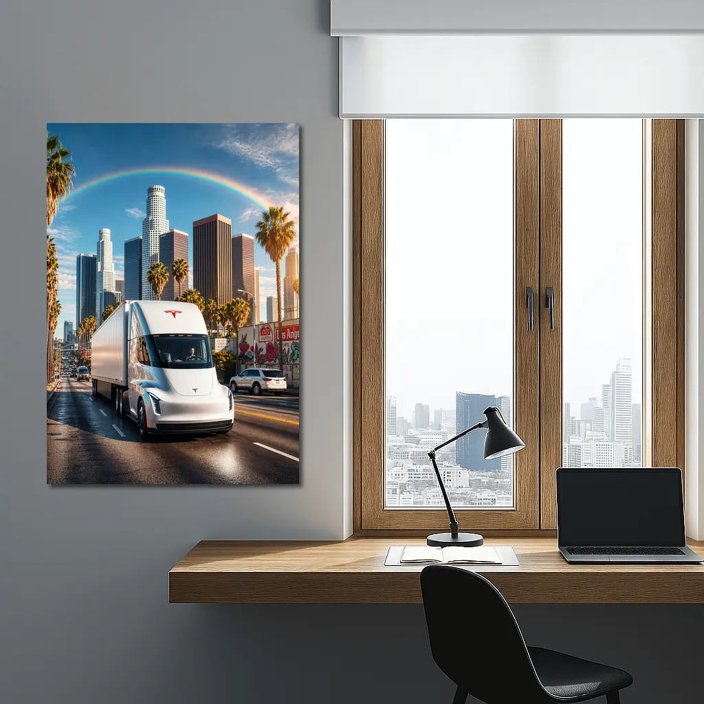 Tesla Semi Truck Los Angeles Skyline Rainbow – Wall Art