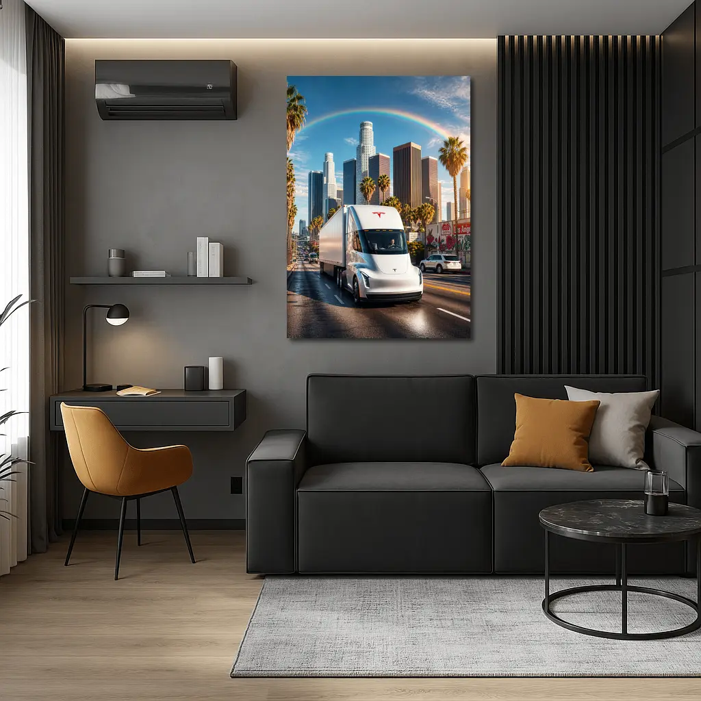 Tesla Semi Truck Los Angeles Skyline Rainbow – Wall Art