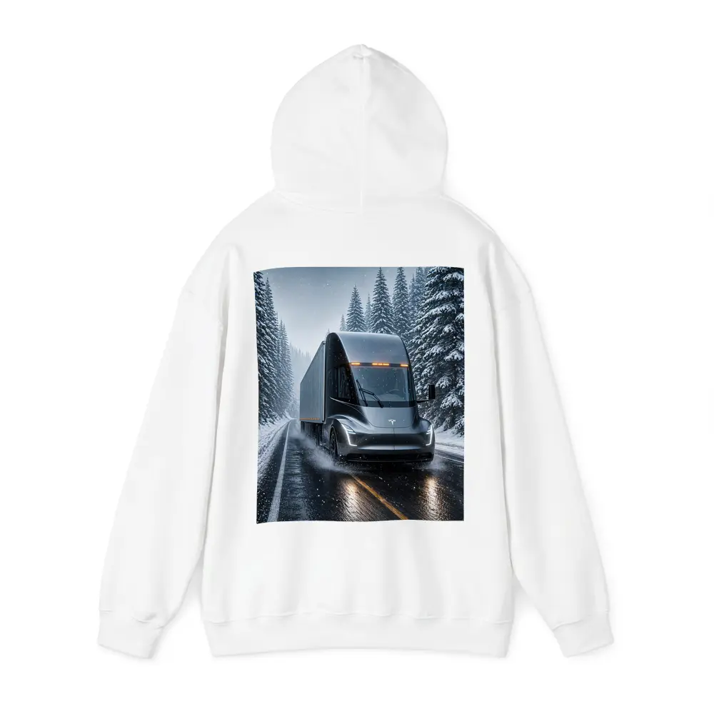 Tesla Semi Truck Driving Snowy Winter Road – Hoodies