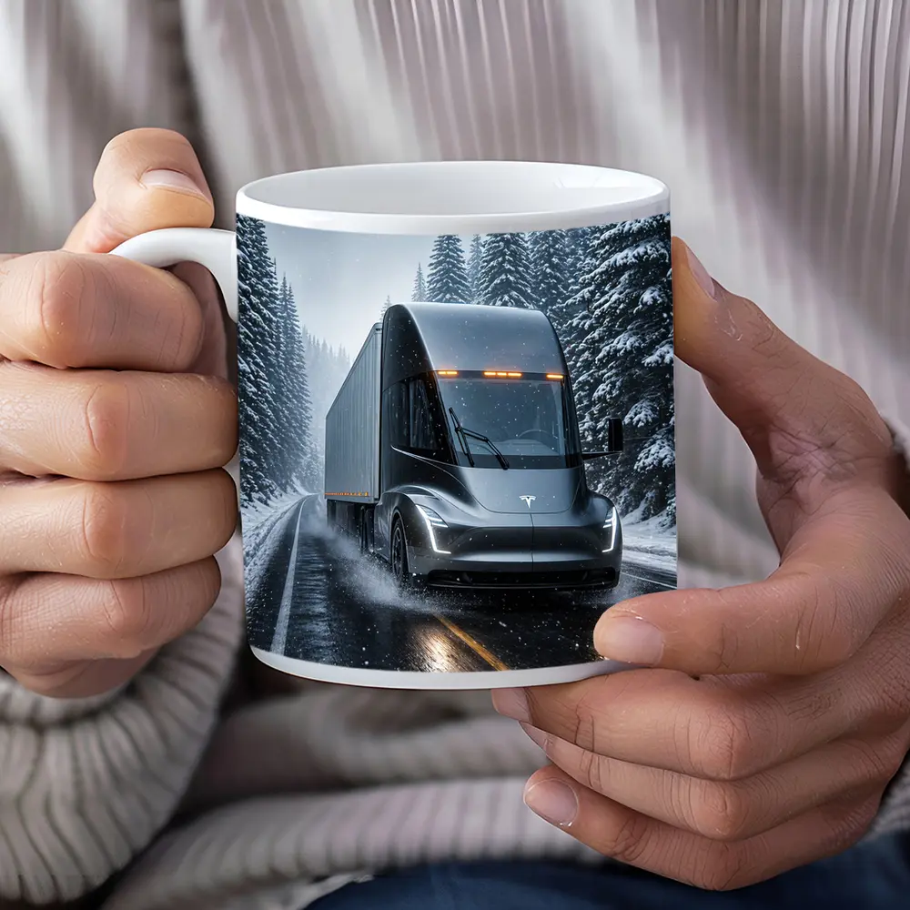 Tesla Semi Truck Driving Snowy Winter Road – Mugs