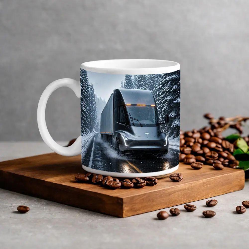 Tesla Semi Truck Driving Snowy Winter Road – Mugs
