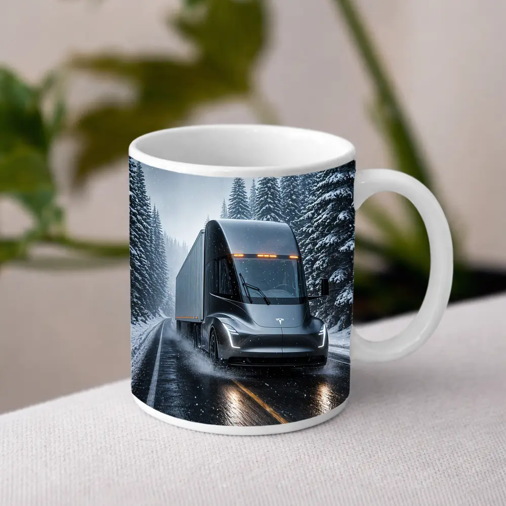 Tesla Semi Truck Driving Snowy Winter Road – Mugs