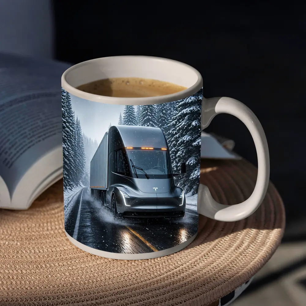 Tesla Semi Truck Driving Snowy Winter Road – Mugs