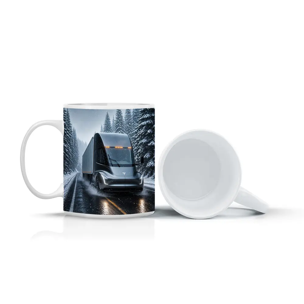 Tesla Semi Truck Driving Snowy Winter Road – Mugs