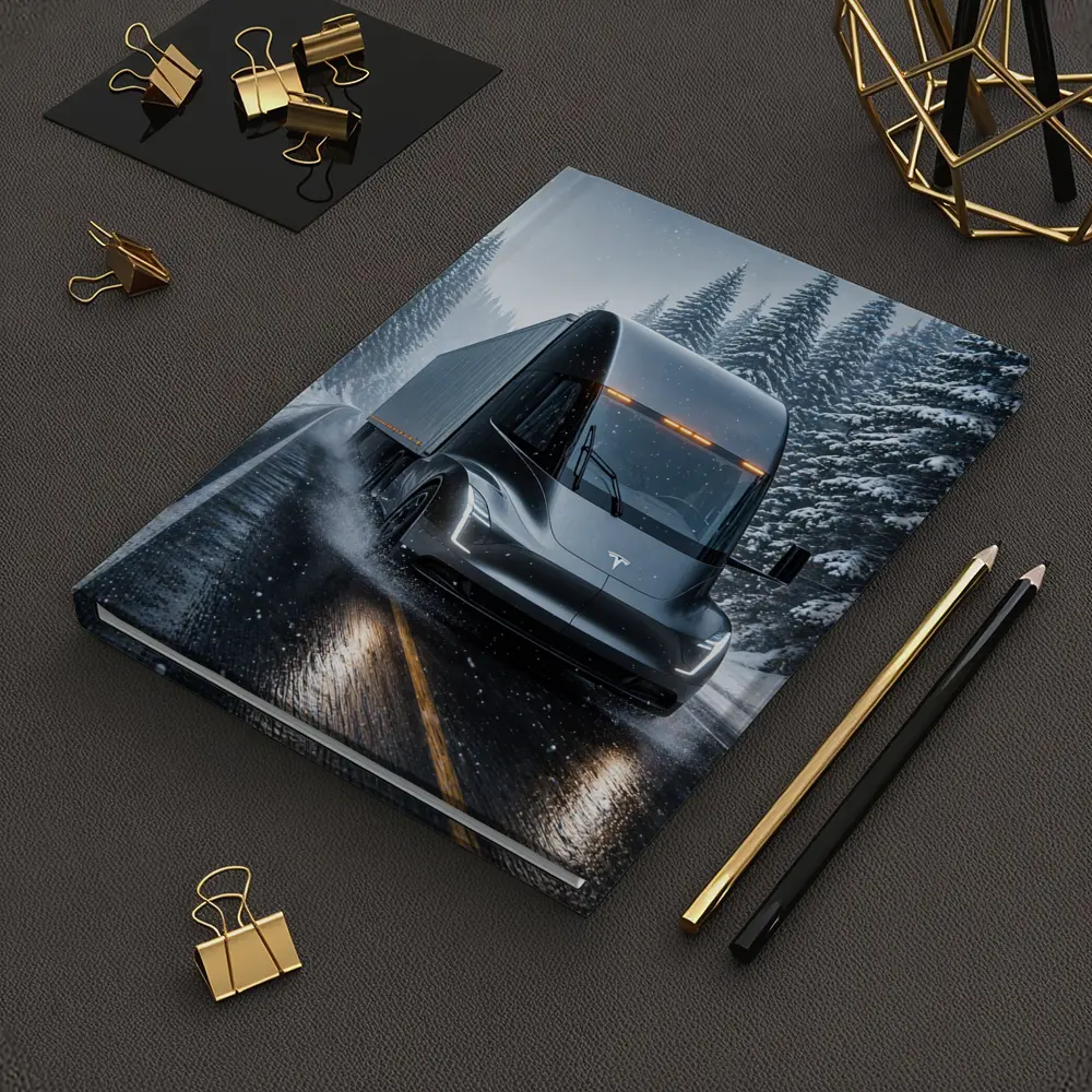 Tesla Semi Truck Driving Snowy Winter Road – Notebooks