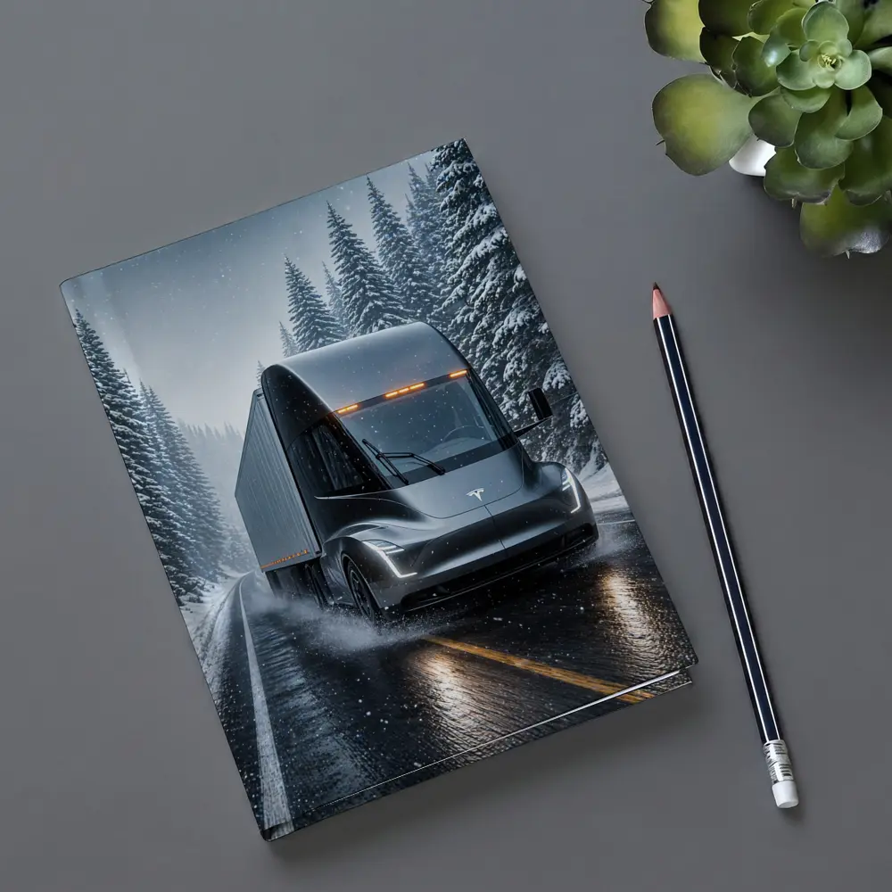 Tesla Semi Truck Driving Snowy Winter Road – Notebooks