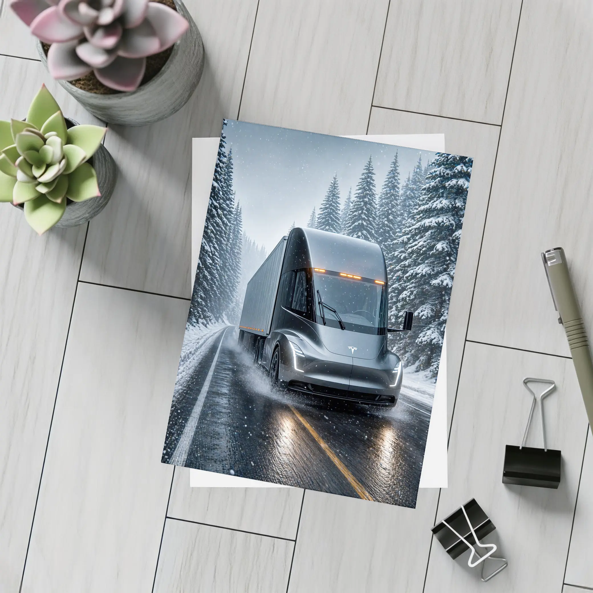 Tesla Semi Truck Driving Snowy Winter Road – Postcards