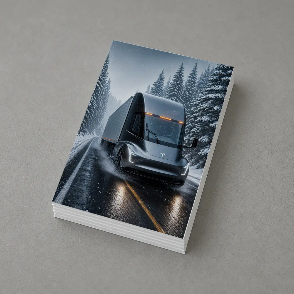 Tesla Semi Truck Driving Snowy Winter Road – Postcards