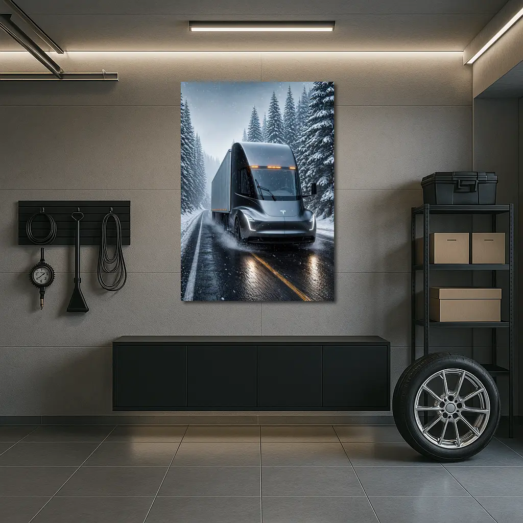 Tesla Semi Truck Driving Snowy Winter Road – Wall Art