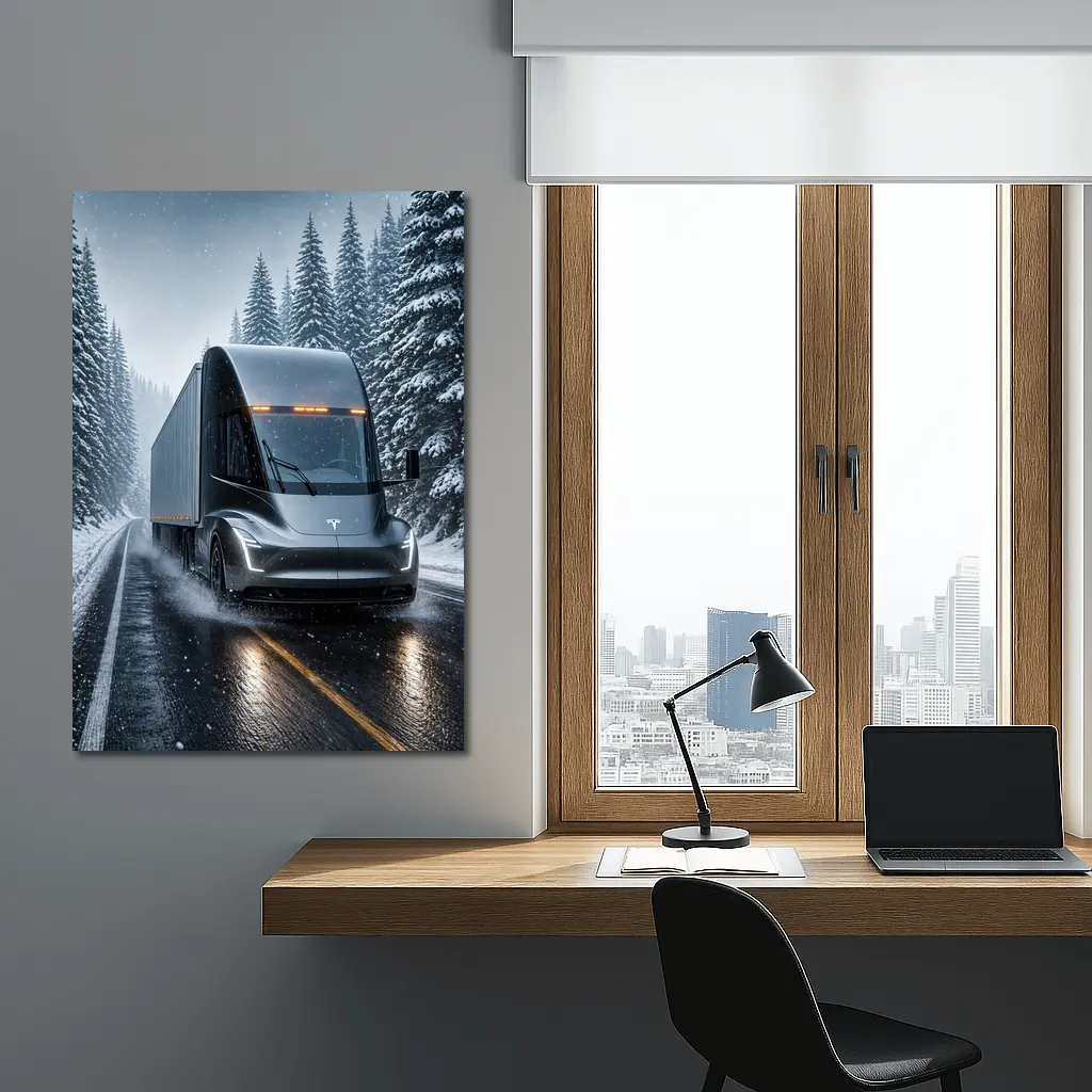 Tesla Semi Truck Driving Snowy Winter Road – Wall Art