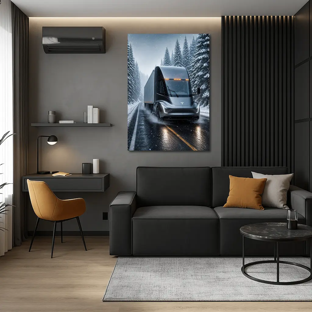 Tesla Semi Truck Driving Snowy Winter Road – Wall Art