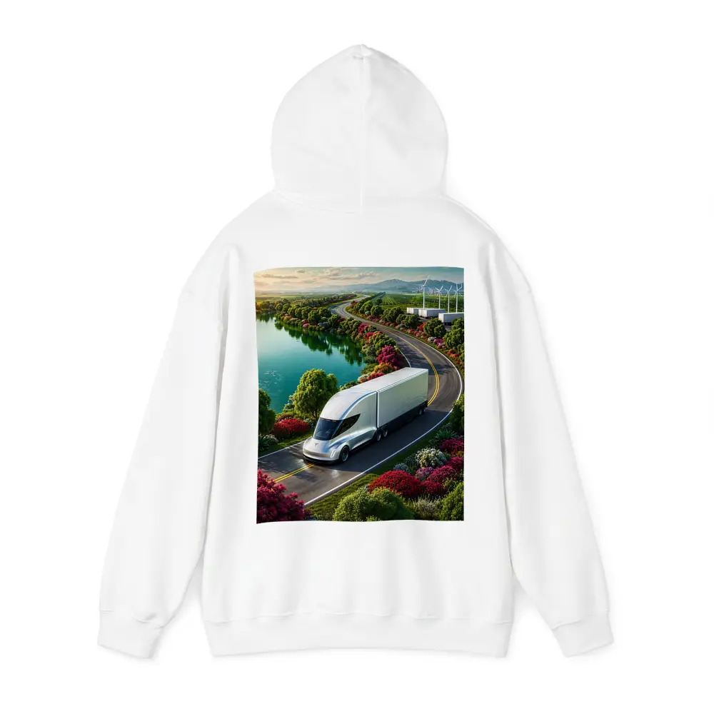 Tesla Semi Truck Scenic Highway Green Landscape – Hoodies