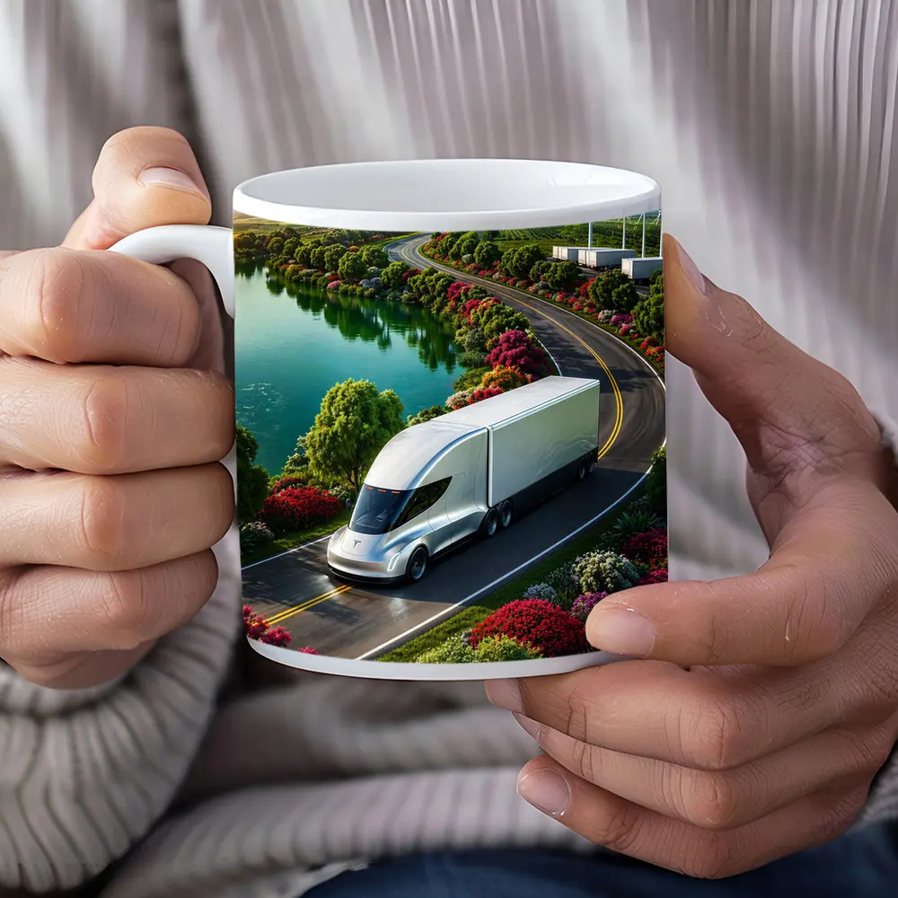Tesla Semi Truck Scenic Highway Green Landscape – Mugs