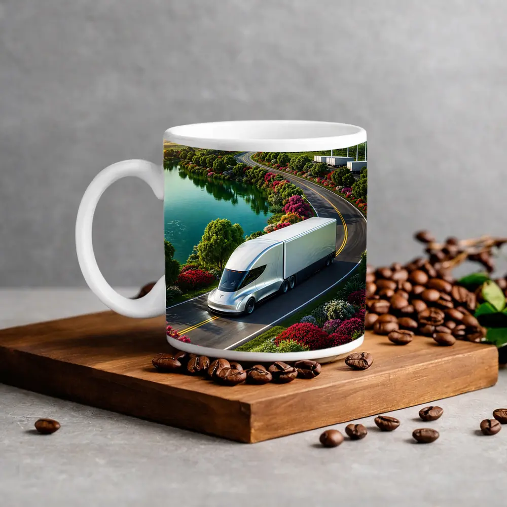 Tesla Semi Truck Scenic Highway Green Landscape – Mugs
