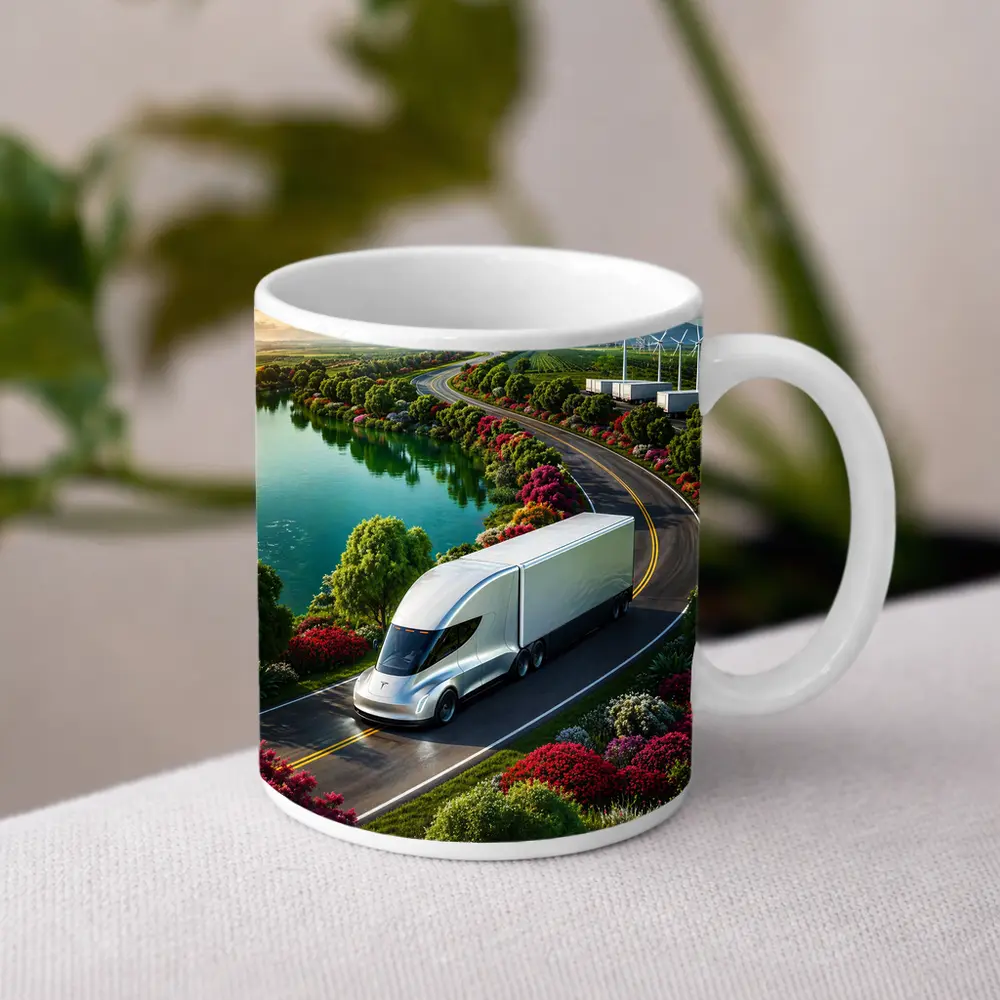 Tesla Semi Truck Scenic Highway Green Landscape – Mugs