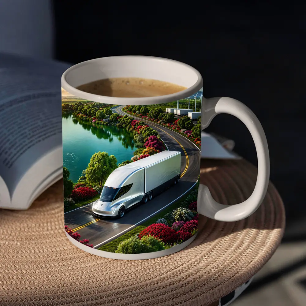 Tesla Semi Truck Scenic Highway Green Landscape – Mugs