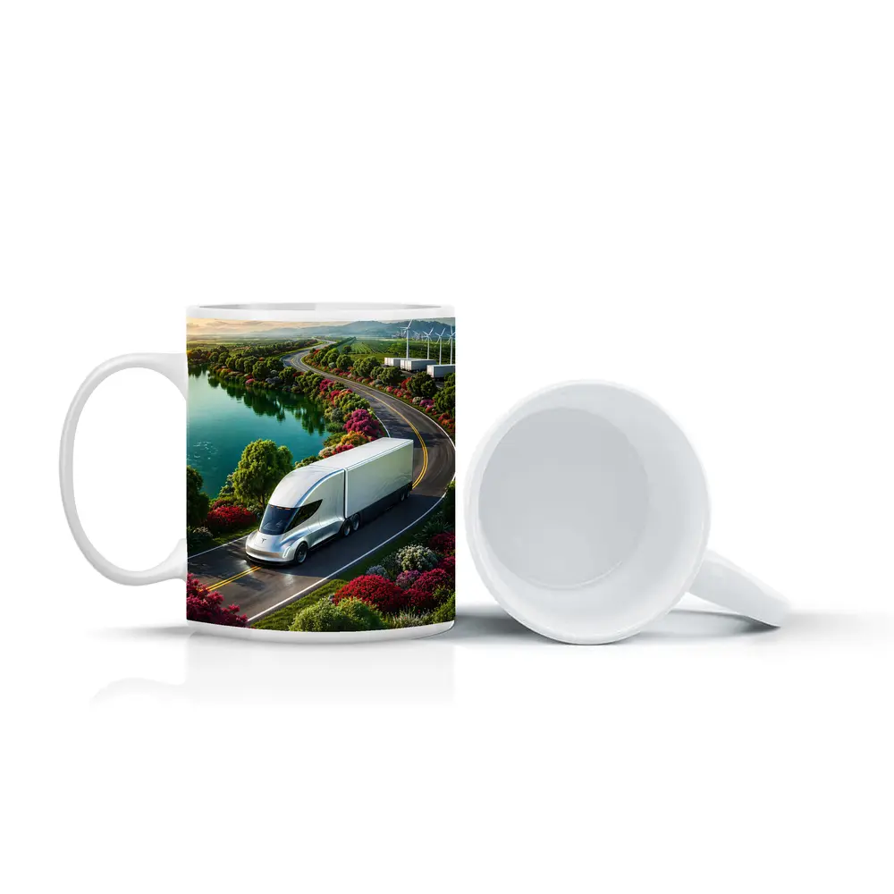 Tesla Semi Truck Scenic Highway Green Landscape – Mugs