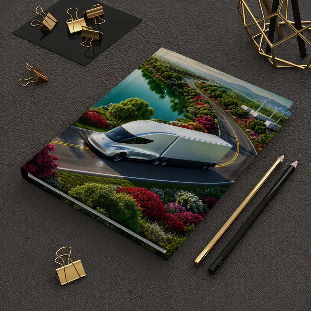 Tesla Semi Truck Scenic Highway Green Landscape – Notebooks