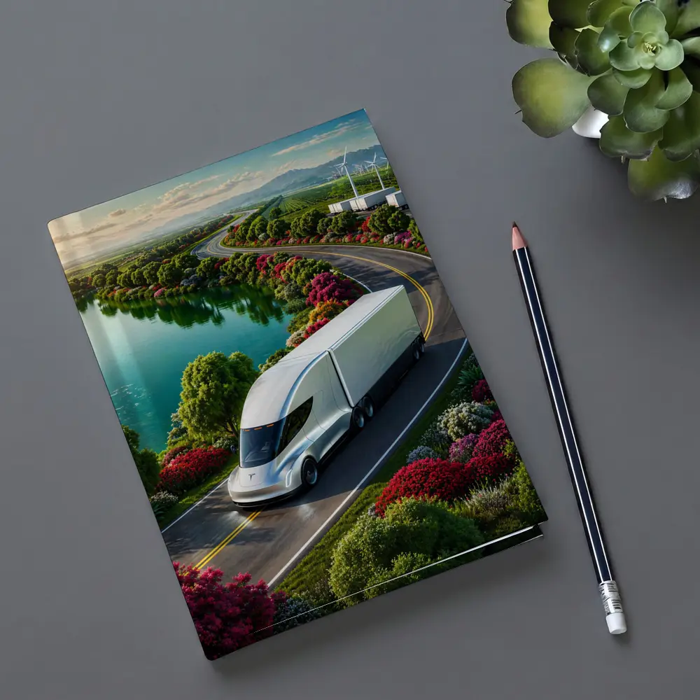 Tesla Semi Truck Scenic Highway Green Landscape – Notebooks