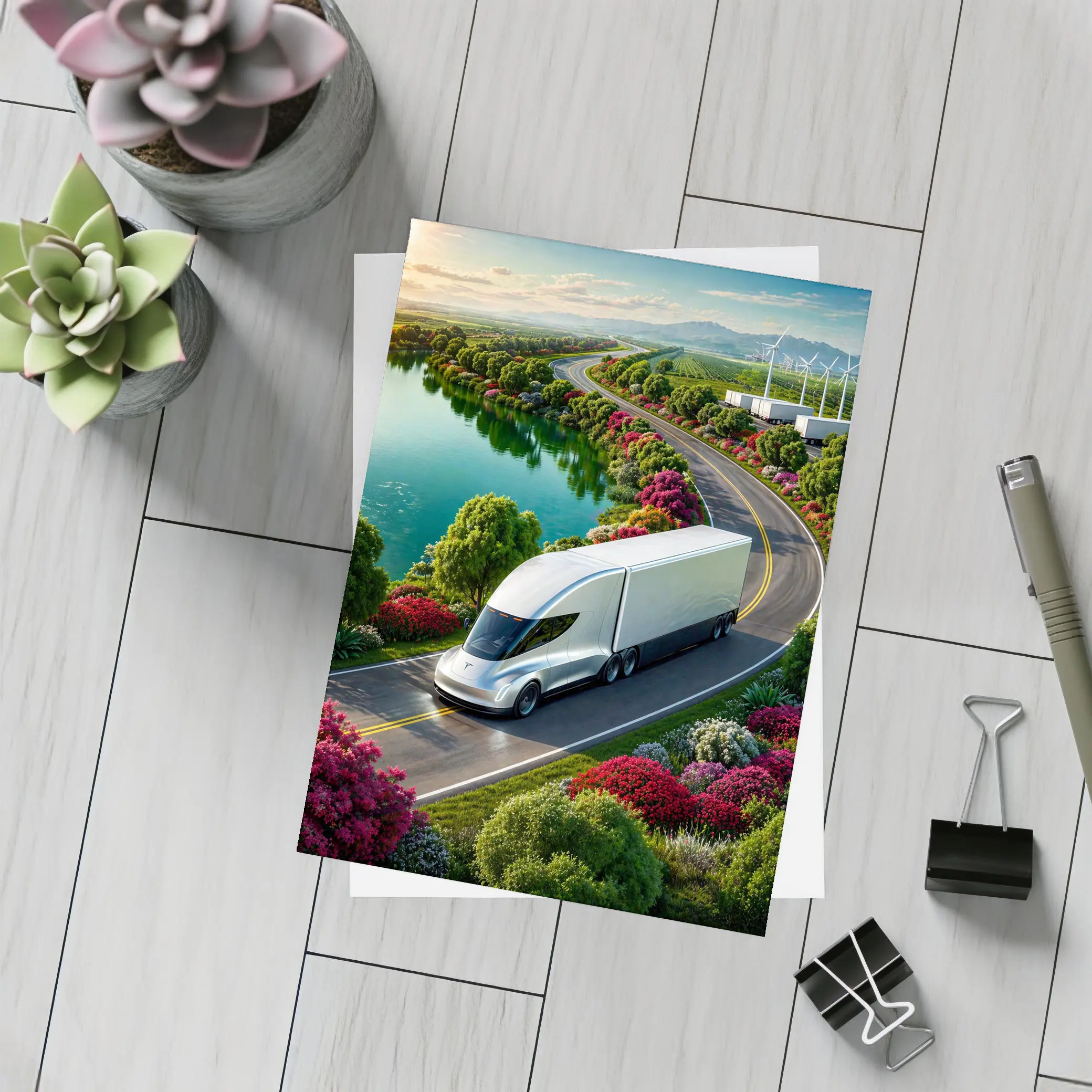 Tesla Semi Truck Scenic Highway Green Landscape – Postcards