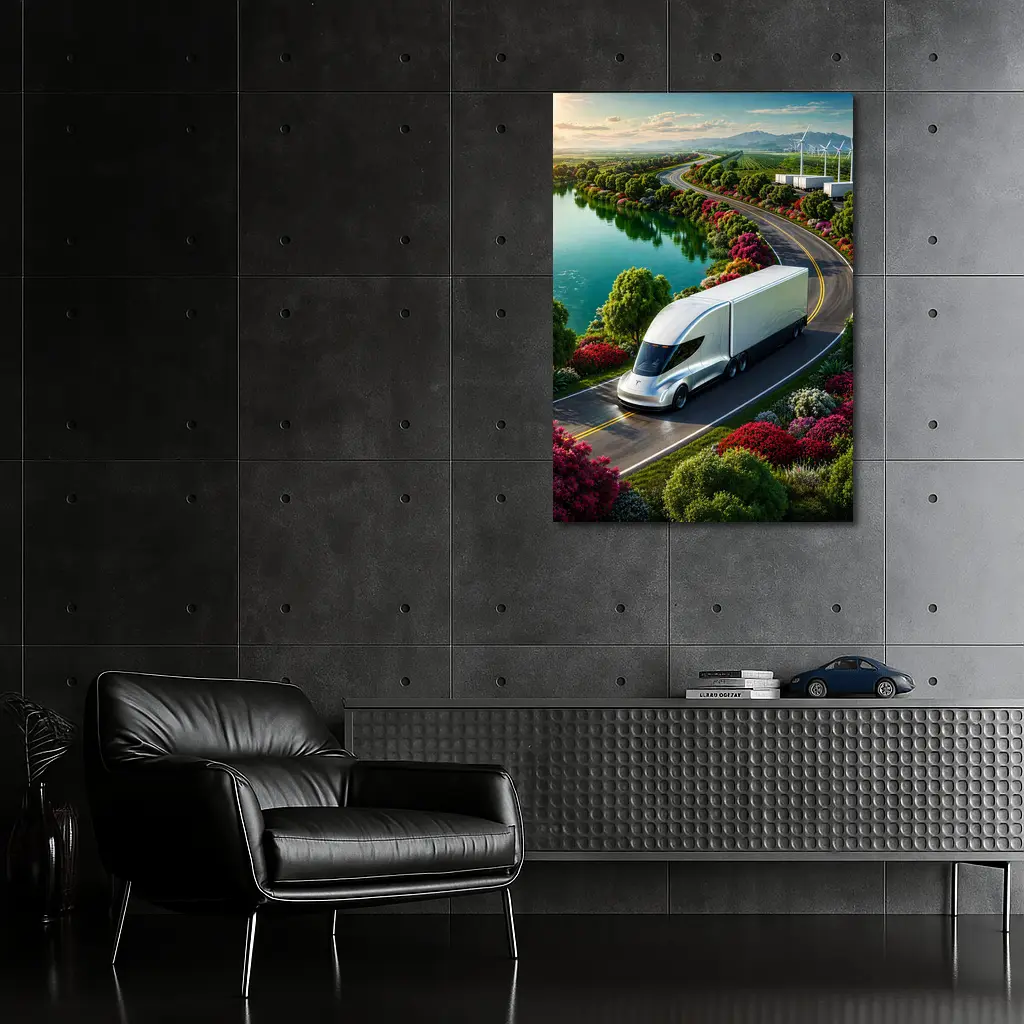 Tesla Semi Truck Scenic Highway Green Landscape – Wall Art