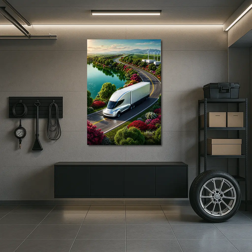 Tesla Semi Truck Scenic Highway Green Landscape – Wall Art