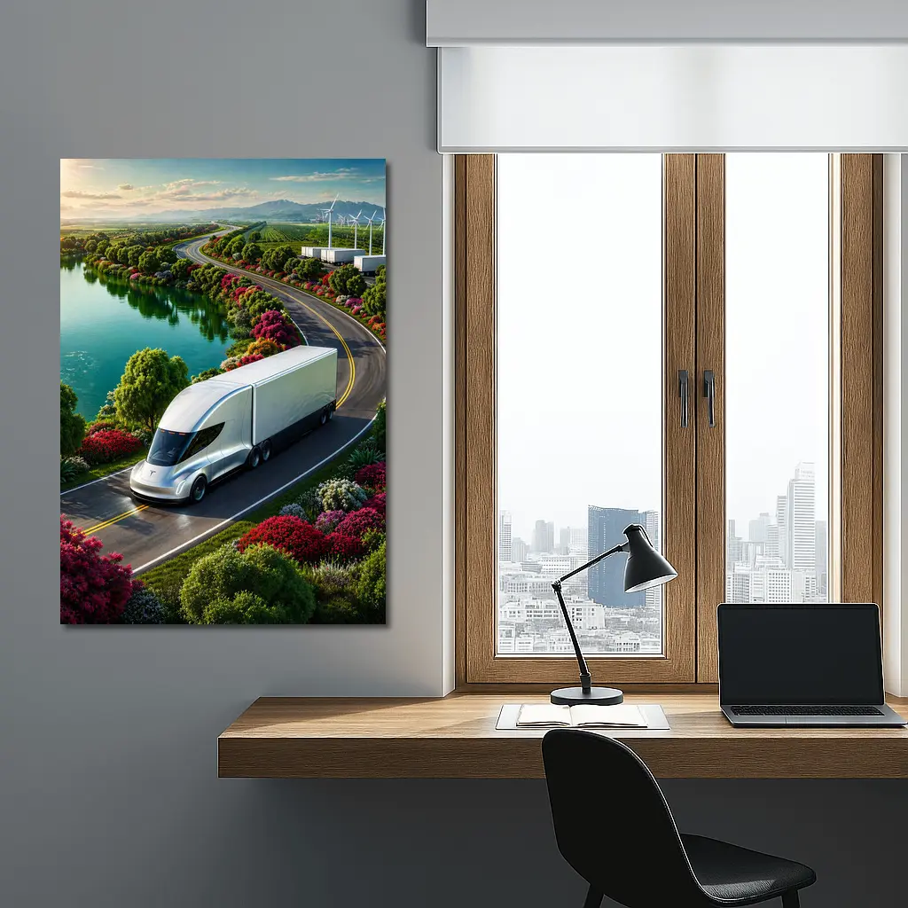 Tesla Semi Truck Scenic Highway Green Landscape – Wall Art
