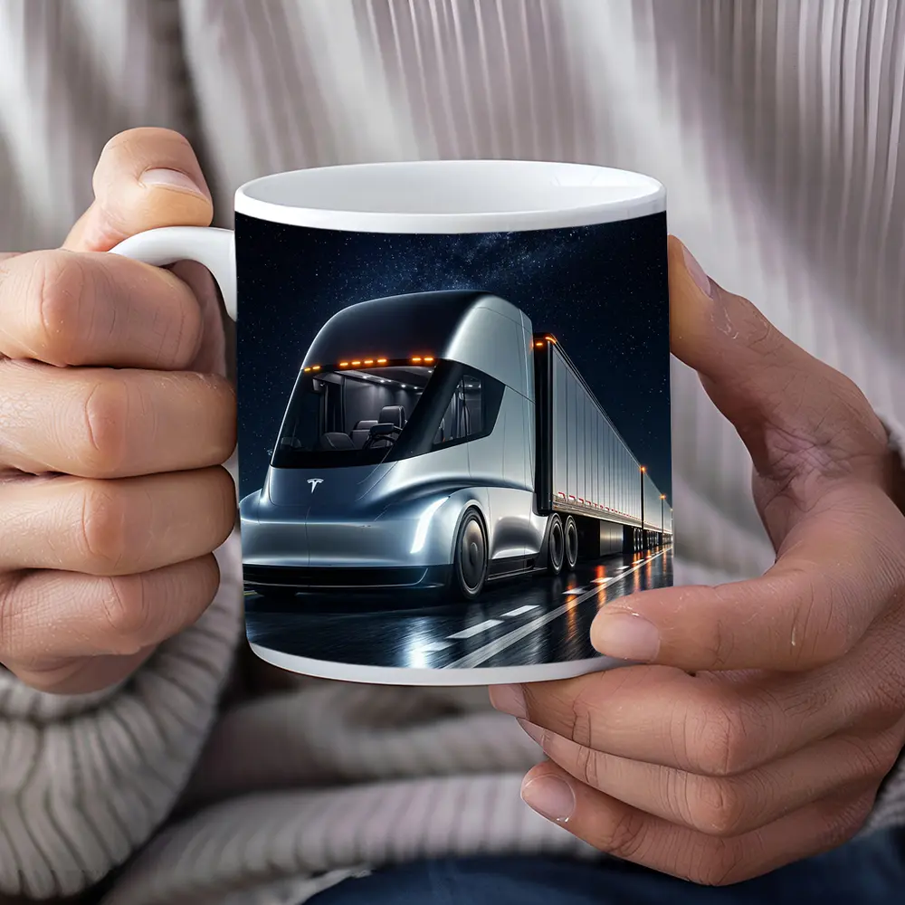 Tesla Semi Truck Driving Under Starry Night – Mugs