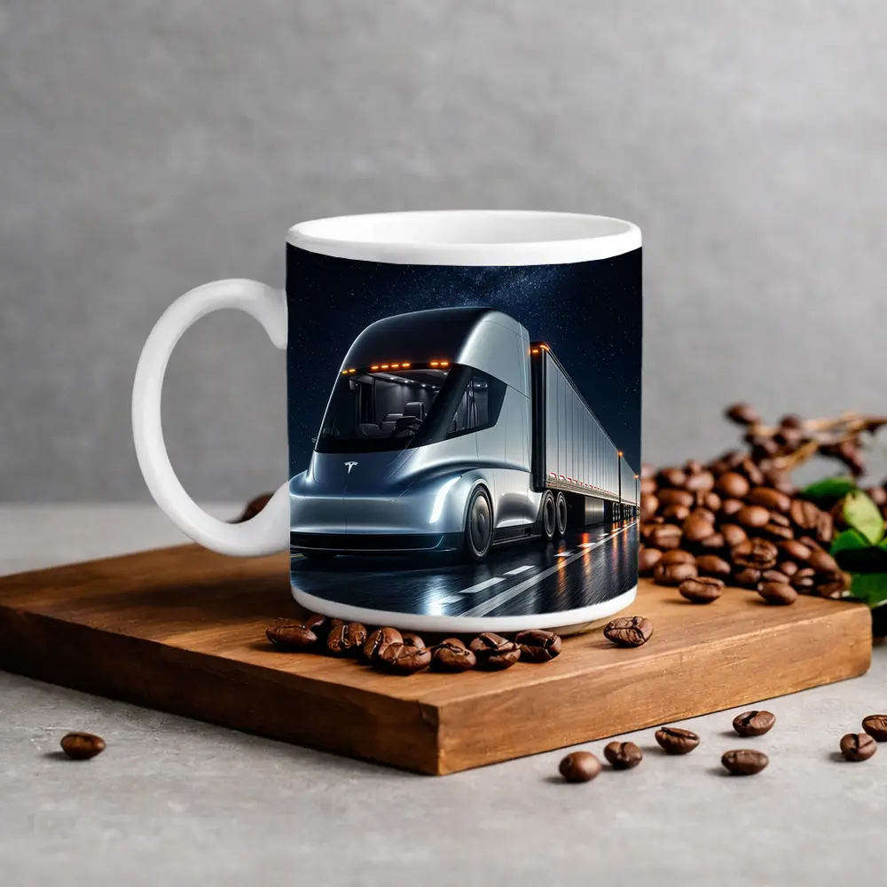 Tesla Semi Truck Driving Under Starry Night – Mugs