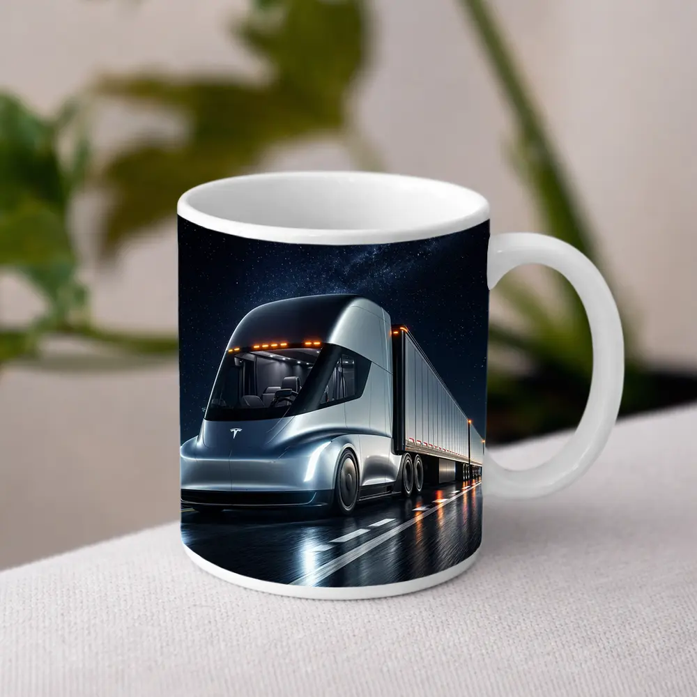 Tesla Semi Truck Driving Under Starry Night – Mugs