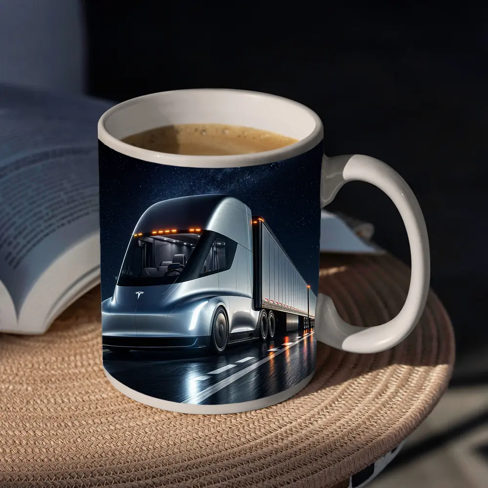 Tesla Semi Truck Driving Under Starry Night – Mugs