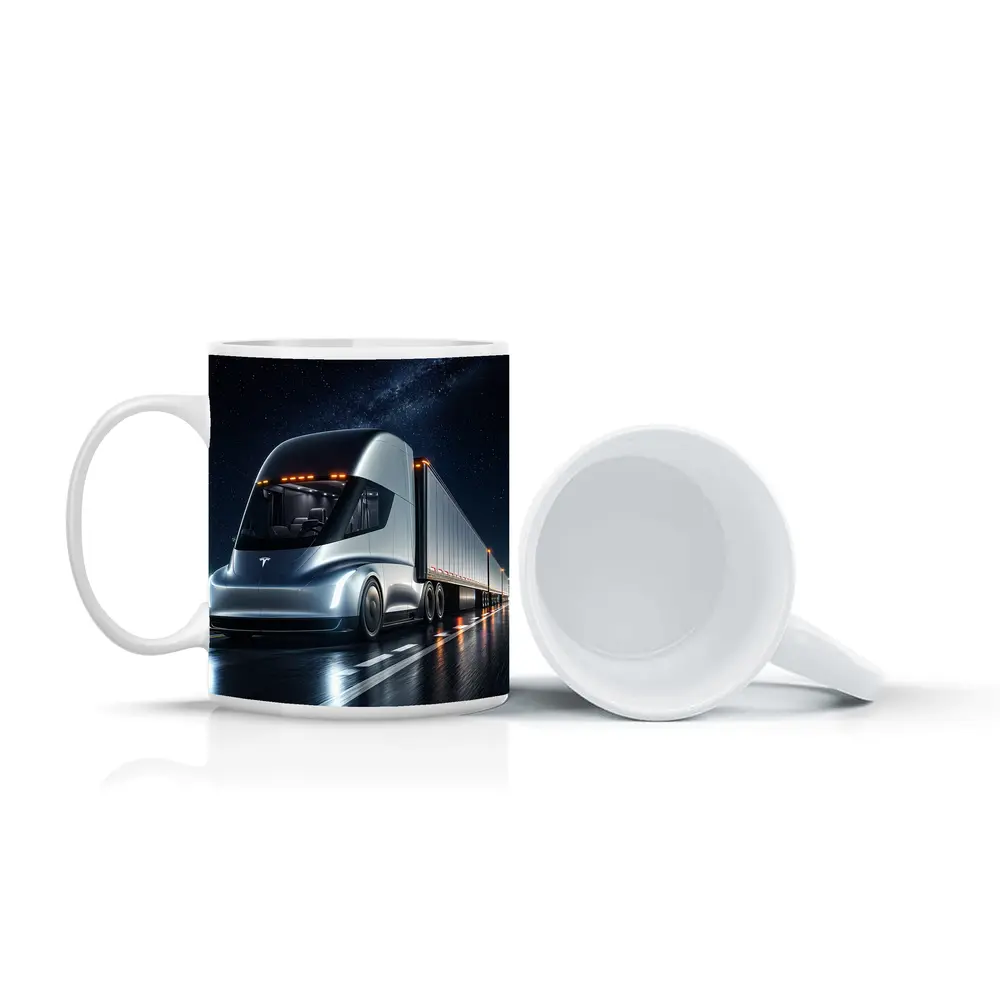 Tesla Semi Truck Driving Under Starry Night – Mugs
