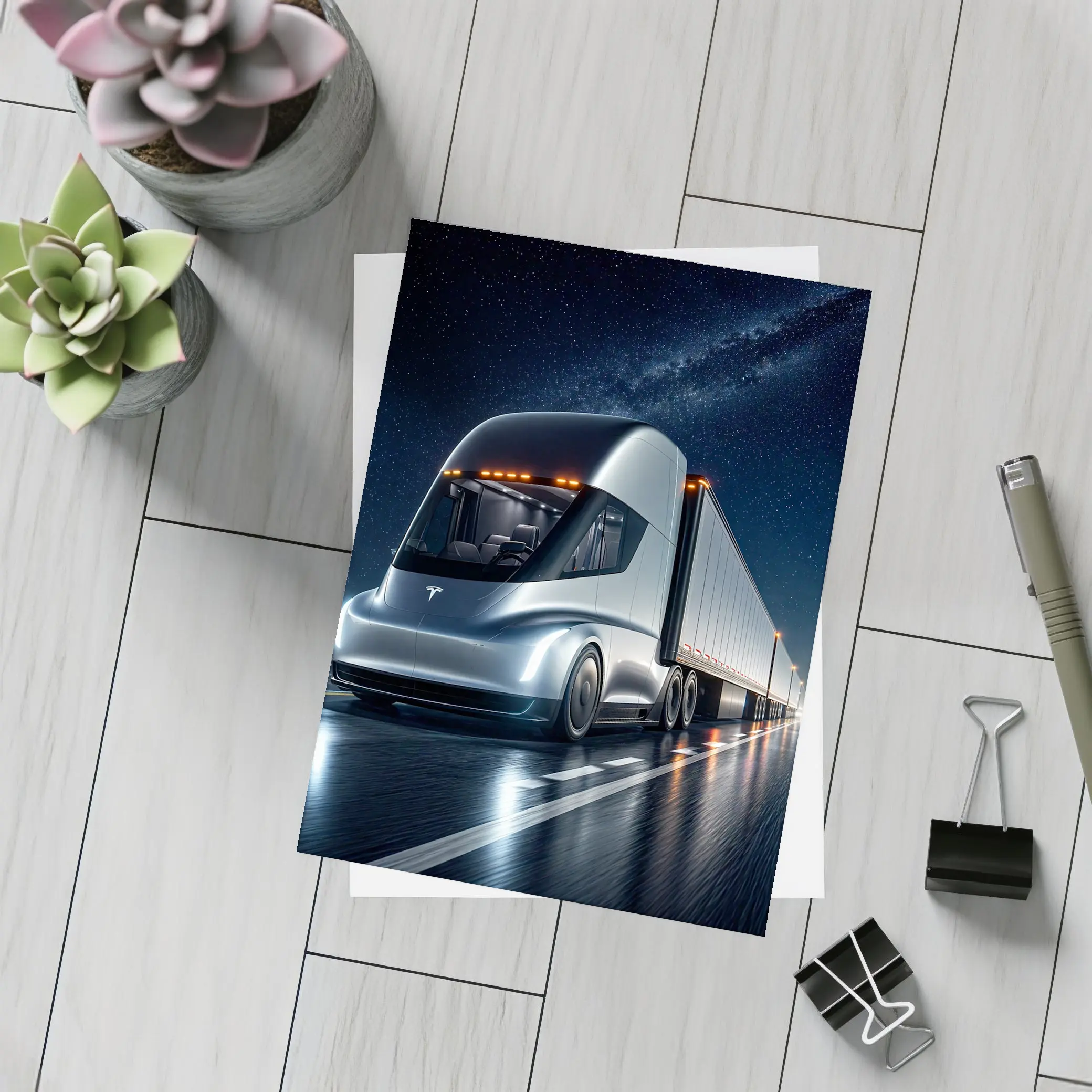Tesla Semi Truck Driving Under Starry Night – Postcards