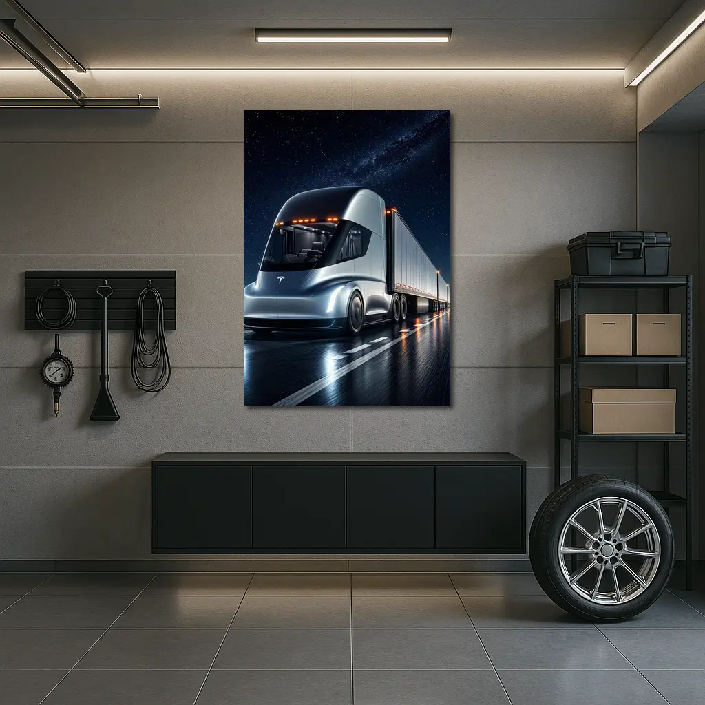 Tesla Semi Truck Driving Under Starry Night – Wall Art