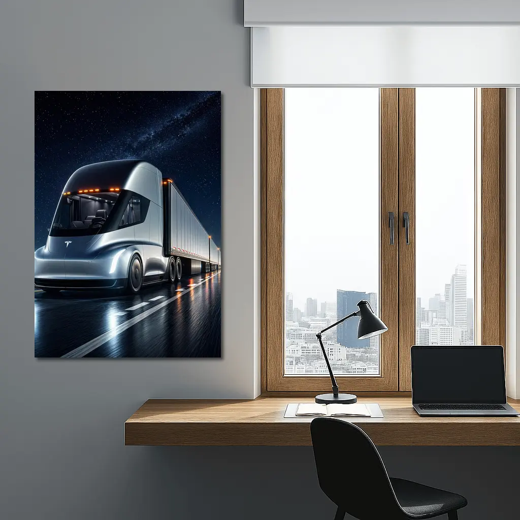Tesla Semi Truck Driving Under Starry Night – Wall Art