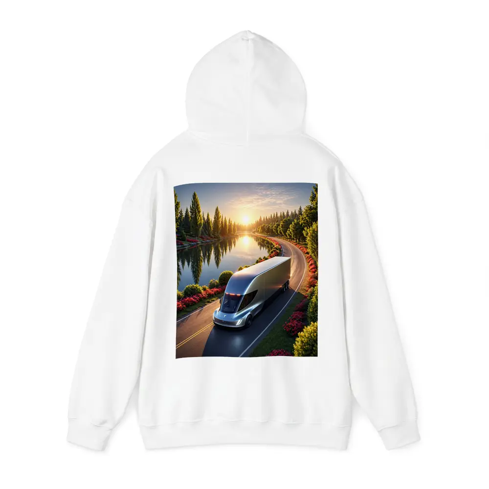 Tesla Semi Truck Driving by Sunset Lake – Hoodies